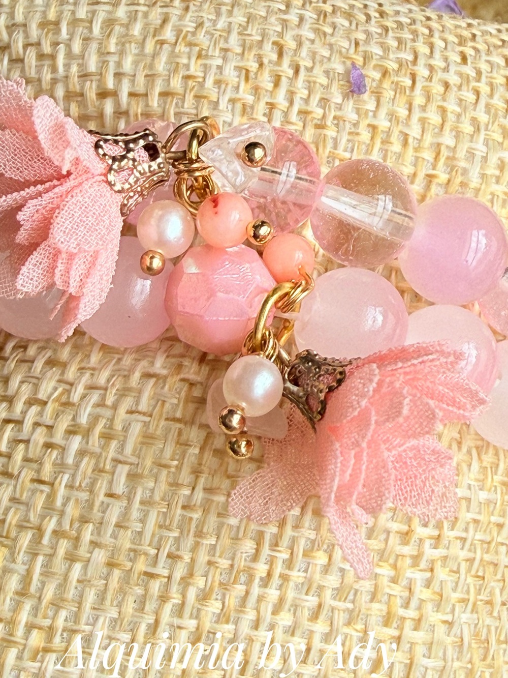 Soft Pink quartz Tassel & Bead Charm Bracelet + coral baroque pearl